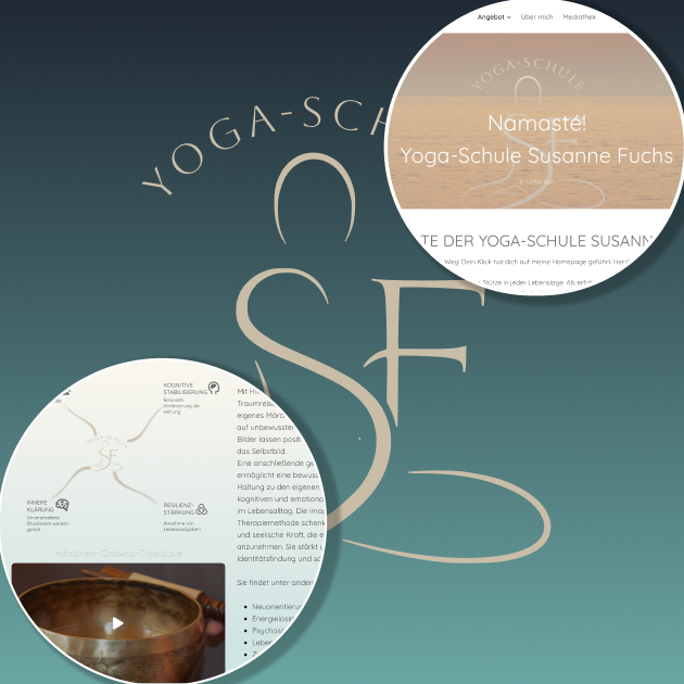 Digitales Rebranding der Yoga-Schule Susanne Fuchs mit Eindrücken des Logos, der Farbgebung und des Webdesigns